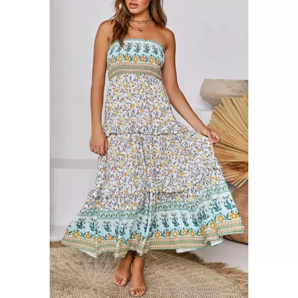 imageZESICA Womens 2024 Summer Bohemian Floral Printed Strapless Beach Party Long Maxi DressLight Green