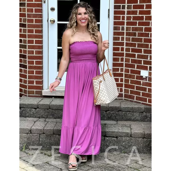 imageZESICA Womens 2024 Summer Bohemian Floral Printed Strapless Beach Party Long Maxi DressPurple