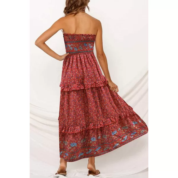 imageZESICA Womens 2024 Summer Bohemian Floral Printed Strapless Beach Party Long Maxi DressRed