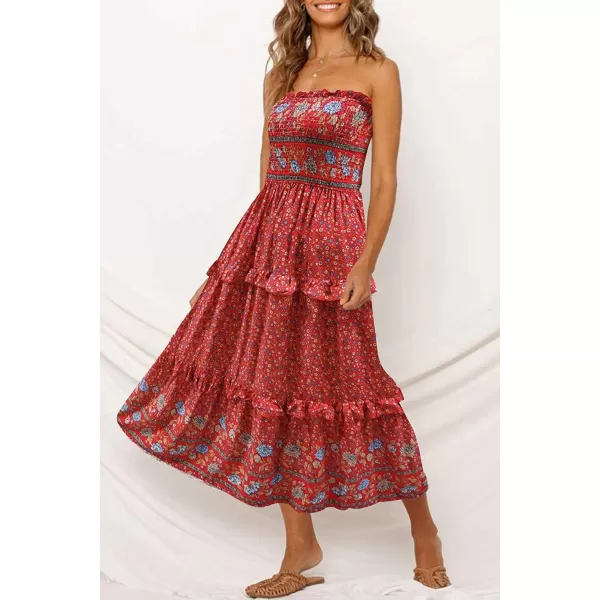 imageZESICA Womens 2024 Summer Bohemian Floral Printed Strapless Beach Party Long Maxi DressRed