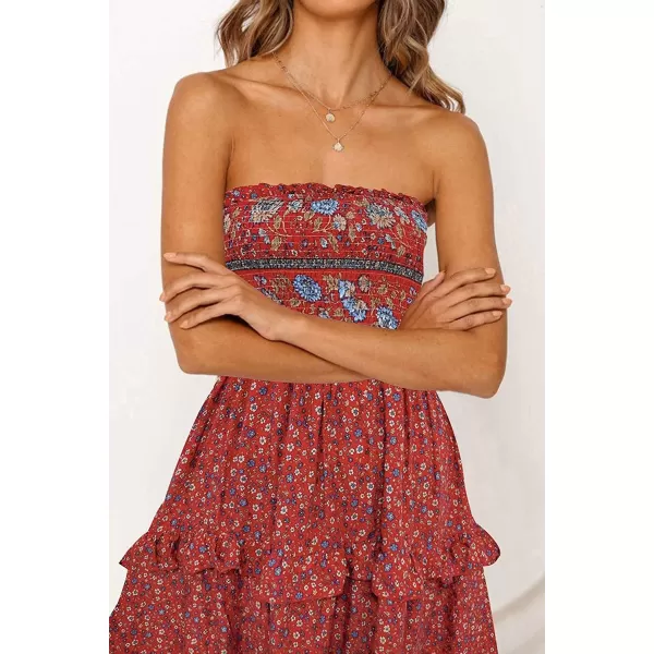 imageZESICA Womens 2024 Summer Bohemian Floral Printed Strapless Beach Party Long Maxi DressRed
