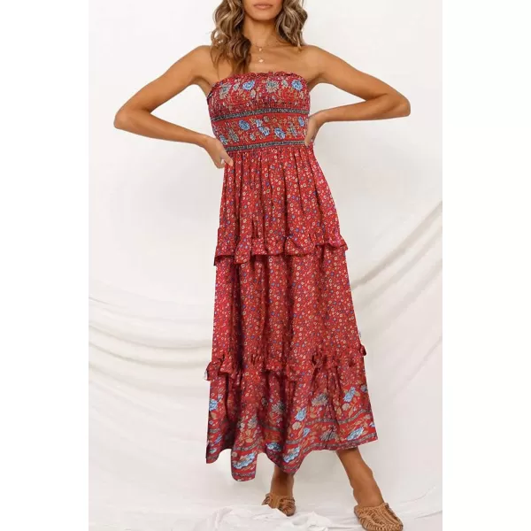 imageZESICA Womens 2024 Summer Bohemian Floral Printed Strapless Beach Party Long Maxi DressRed