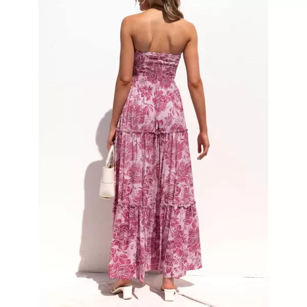 imageZESICA Womens 2024 Summer Bohemian Floral Printed Strapless Beach Party Long Maxi DressRosepink