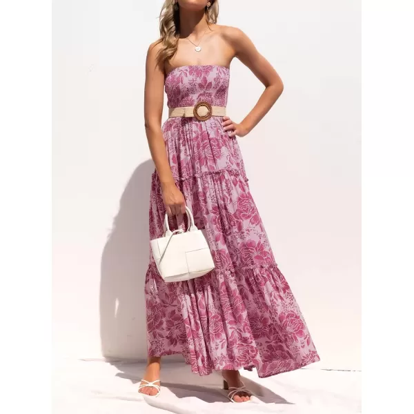 imageZESICA Womens 2024 Summer Bohemian Floral Printed Strapless Beach Party Long Maxi DressRosepink