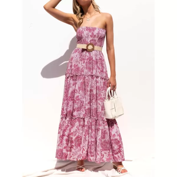 imageZESICA Womens 2024 Summer Bohemian Floral Printed Strapless Beach Party Long Maxi DressRosepink