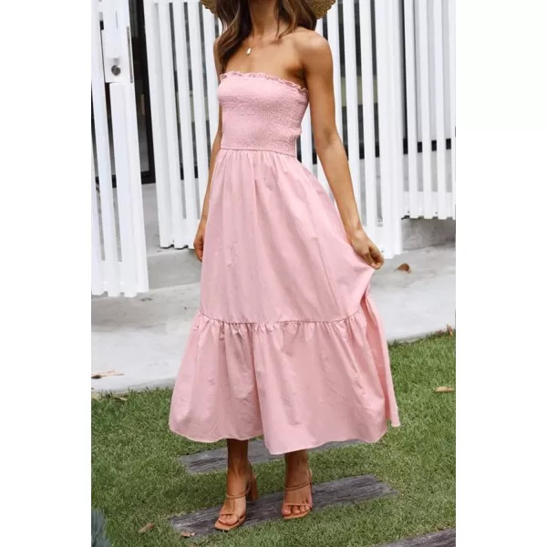 imageZESICA Womens 2024 Summer Bohemian Floral Printed Strapless Beach Party Long Maxi DressSolid Blush Pink