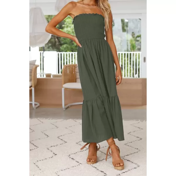 imageZESICA Womens 2024 Summer Bohemian Floral Printed Strapless Beach Party Long Maxi DressSolidarmygreen