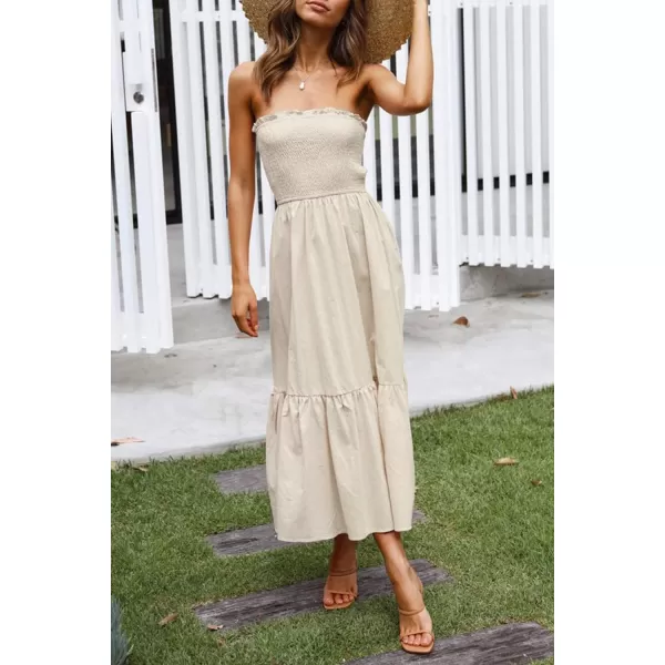 imageZESICA Womens 2024 Summer Bohemian Floral Printed Strapless Beach Party Long Maxi DressSolidbeige