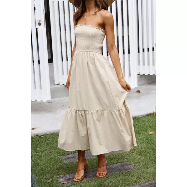 imageZESICA Womens 2024 Summer Bohemian Floral Printed Strapless Beach Party Long Maxi DressSolidbeige