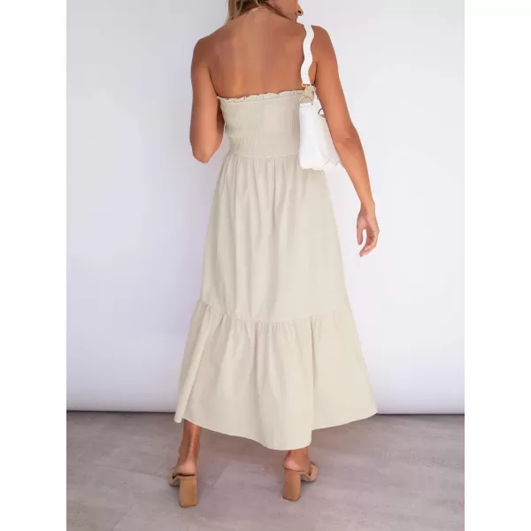 imageZESICA Womens 2024 Summer Bohemian Floral Printed Strapless Beach Party Long Maxi DressSolidbeige