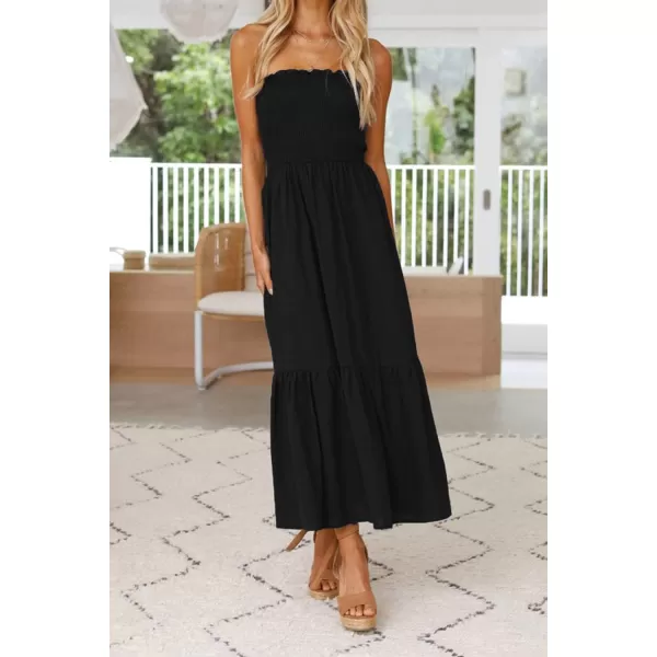 imageZESICA Womens 2024 Summer Bohemian Floral Printed Strapless Beach Party Long Maxi DressSolidblack