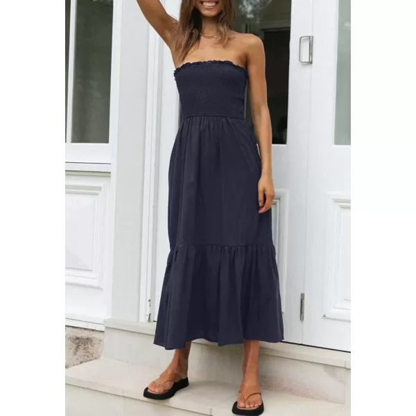 imageZESICA Womens 2024 Summer Bohemian Floral Printed Strapless Beach Party Long Maxi DressSolidnavy