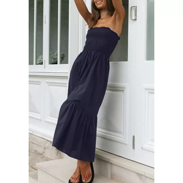 imageZESICA Womens 2024 Summer Bohemian Floral Printed Strapless Beach Party Long Maxi DressSolidnavy