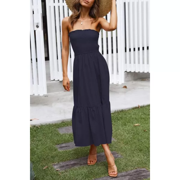 imageZESICA Womens 2024 Summer Bohemian Floral Printed Strapless Beach Party Long Maxi DressSolidnavy