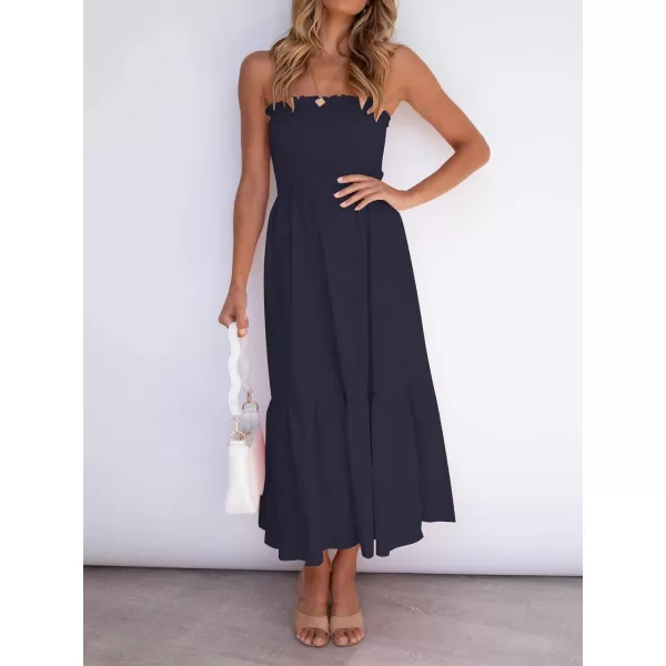 imageZESICA Womens 2024 Summer Bohemian Floral Printed Strapless Beach Party Long Maxi DressSolidnavy