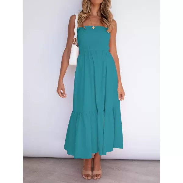 imageZESICA Womens 2024 Summer Bohemian Floral Printed Strapless Beach Party Long Maxi DressSolidpeacock