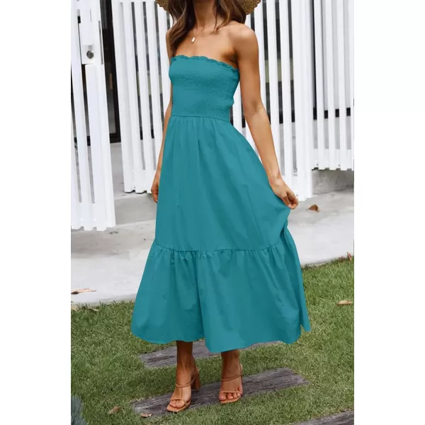 imageZESICA Womens 2024 Summer Bohemian Floral Printed Strapless Beach Party Long Maxi DressSolidpeacock