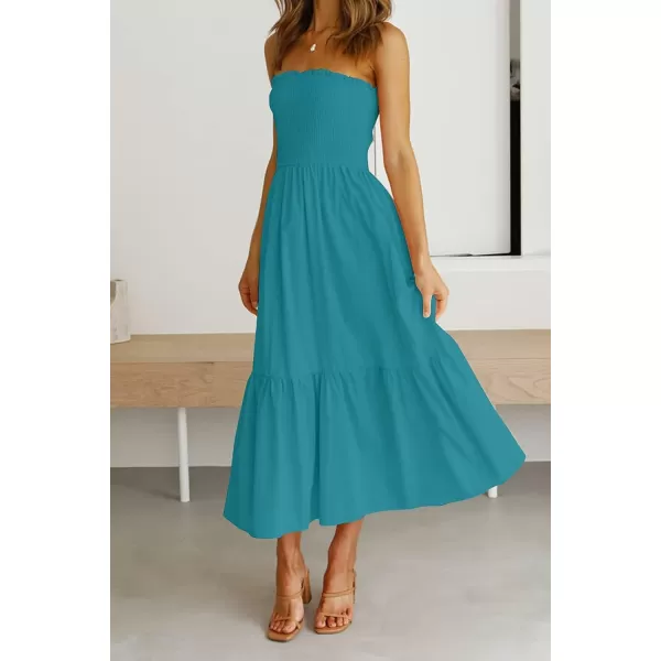 imageZESICA Womens 2024 Summer Bohemian Floral Printed Strapless Beach Party Long Maxi DressSolidpeacock