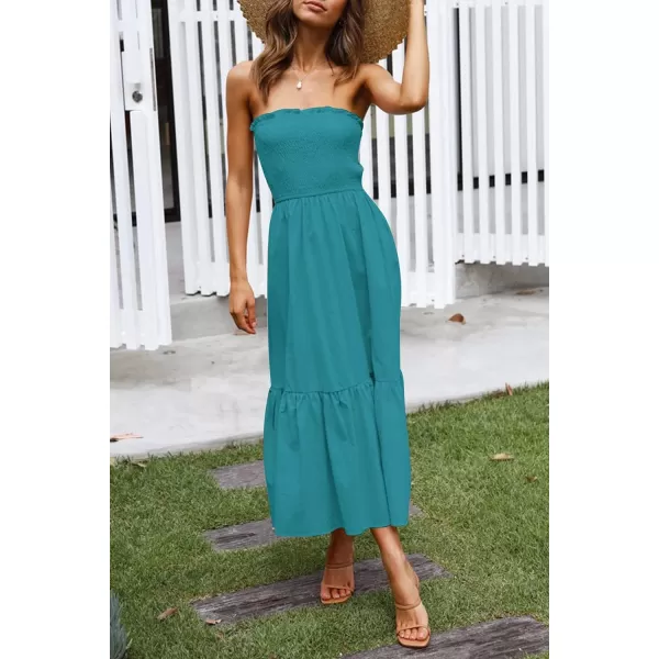 imageZESICA Womens 2024 Summer Bohemian Floral Printed Strapless Beach Party Long Maxi DressSolidpeacock
