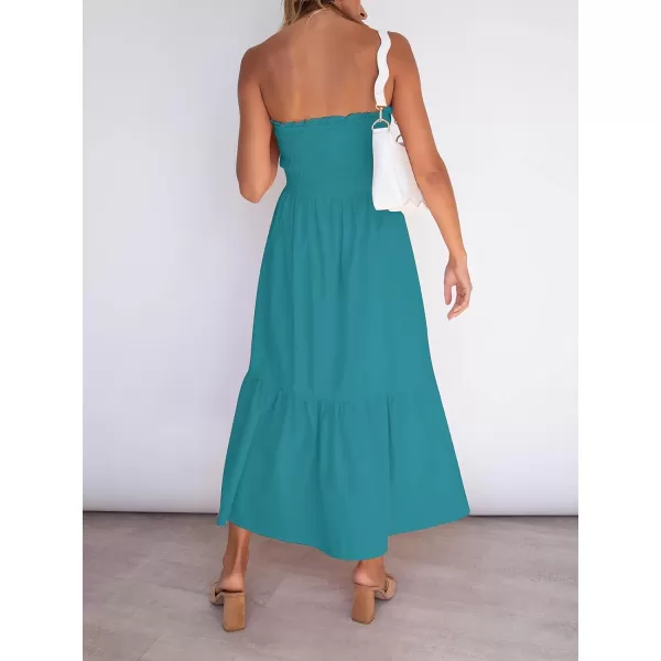 imageZESICA Womens 2024 Summer Bohemian Floral Printed Strapless Beach Party Long Maxi DressSolidpeacock