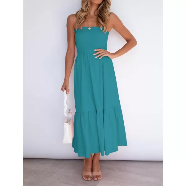 imageZESICA Womens 2024 Summer Bohemian Floral Printed Strapless Beach Party Long Maxi DressSolidpeacock