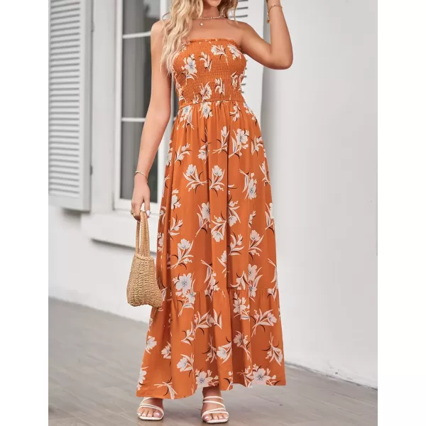 imageZESICA Womens 2024 Summer Bohemian Floral Printed Strapless Beach Party Long Maxi DressVintageorange