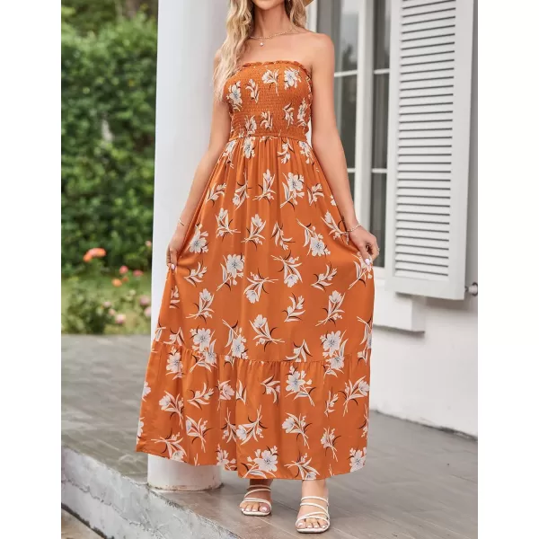 imageZESICA Womens 2024 Summer Bohemian Floral Printed Strapless Beach Party Long Maxi DressVintageorange