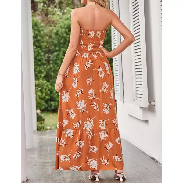 imageZESICA Womens 2024 Summer Bohemian Floral Printed Strapless Beach Party Long Maxi DressVintageorange