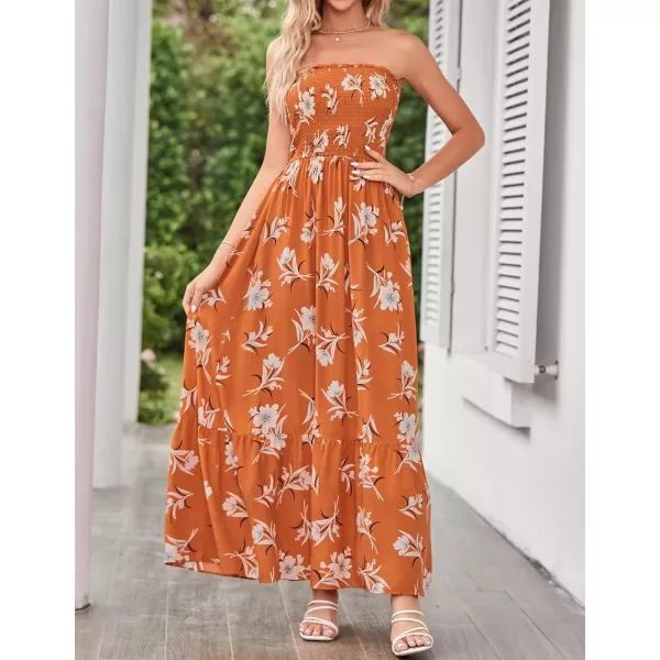 imageZESICA Womens 2024 Summer Bohemian Floral Printed Strapless Beach Party Long Maxi DressVintageorange
