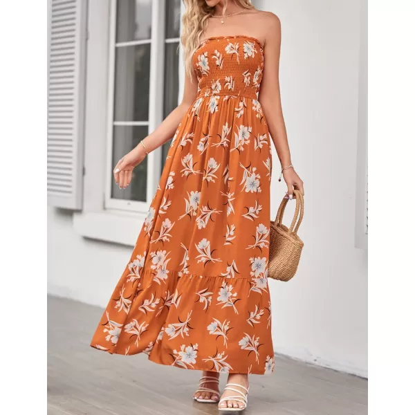 imageZESICA Womens 2024 Summer Bohemian Floral Printed Strapless Beach Party Long Maxi DressVintageorange