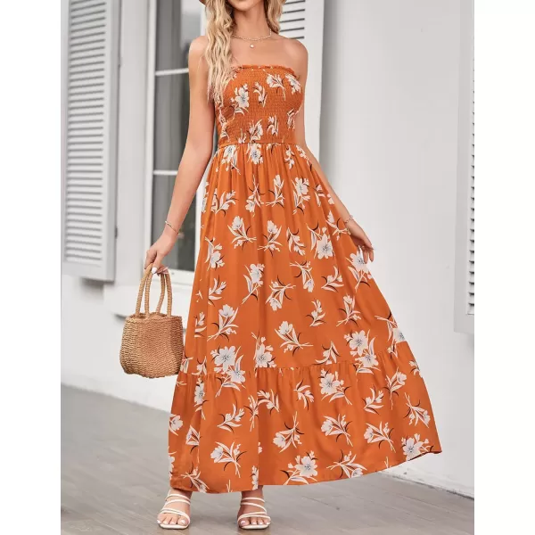 imageZESICA Womens 2024 Summer Bohemian Floral Printed Strapless Beach Party Long Maxi DressVintageorange