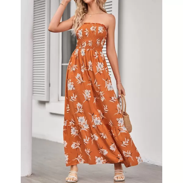 imageZESICA Womens 2024 Summer Bohemian Floral Printed Strapless Beach Party Long Maxi DressVintageorange