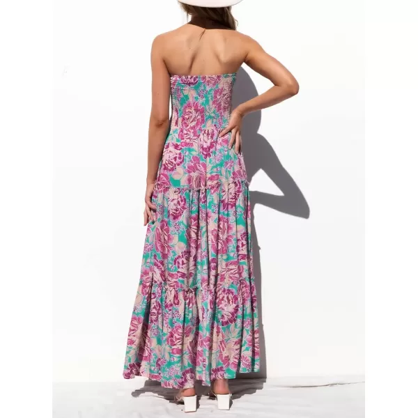 imageZESICA Womens 2024 Summer Bohemian Floral Printed Strapless Beach Party Long Maxi DressViolet