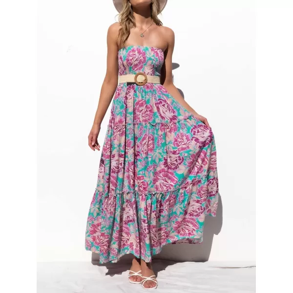 imageZESICA Womens 2024 Summer Bohemian Floral Printed Strapless Beach Party Long Maxi DressViolet