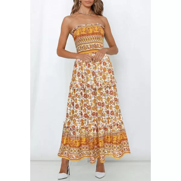 imageZESICA Womens 2024 Summer Bohemian Floral Printed Strapless Beach Party Long Maxi DressYellow