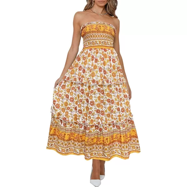 imageZESICA Womens 2024 Summer Bohemian Floral Printed Strapless Beach Party Long Maxi DressYellow
