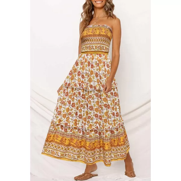 imageZESICA Womens 2024 Summer Bohemian Floral Printed Strapless Beach Party Long Maxi DressYellow