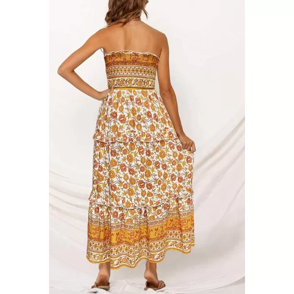 imageZESICA Womens 2024 Summer Bohemian Floral Printed Strapless Beach Party Long Maxi DressYellow
