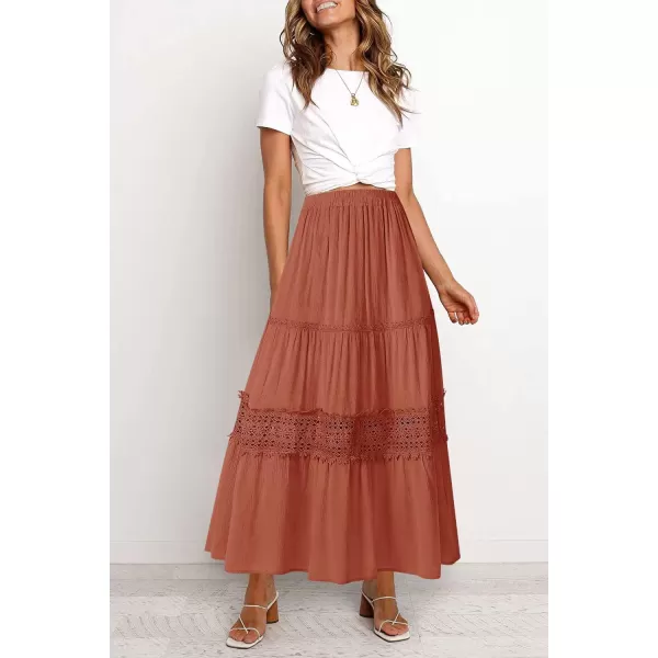 imageZESICA Womens 2024 Summer Bohemian Solid Color Lace Trim Flowy A Line Beach Long Maxi Skirt with PocketsCaramel