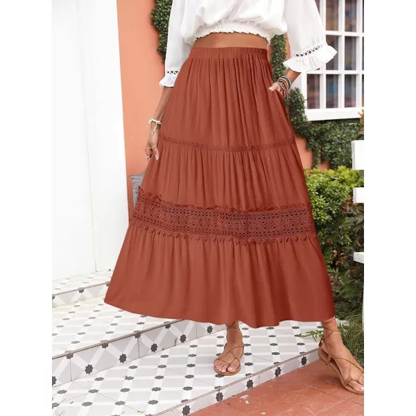 imageZESICA Womens 2024 Summer Bohemian Solid Color Lace Trim Flowy A Line Beach Long Maxi Skirt with PocketsCaramel