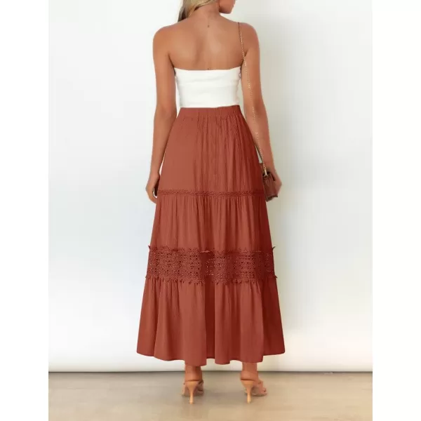 imageZESICA Womens 2024 Summer Bohemian Solid Color Lace Trim Flowy A Line Beach Long Maxi Skirt with PocketsCaramel