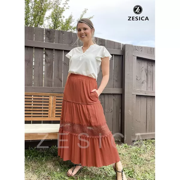 imageZESICA Womens 2024 Summer Bohemian Solid Color Lace Trim Flowy A Line Beach Long Maxi Skirt with PocketsCaramel