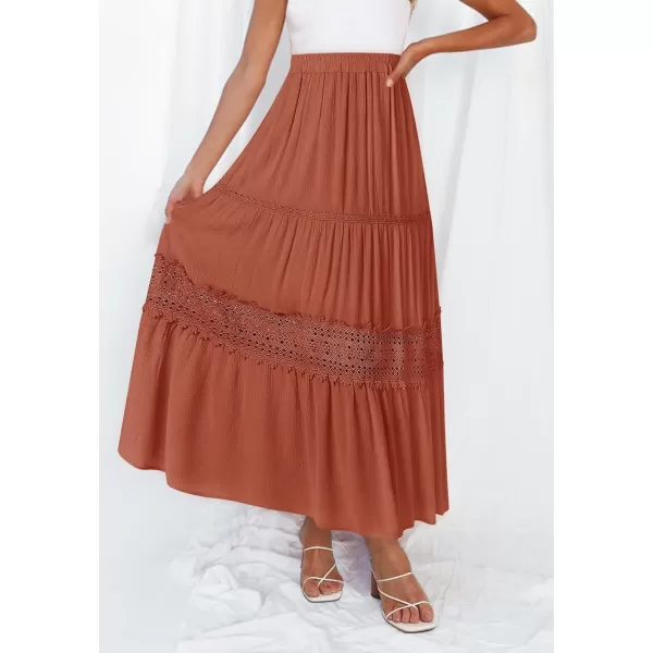 imageZESICA Womens 2024 Summer Bohemian Solid Color Lace Trim Flowy A Line Beach Long Maxi Skirt with PocketsCaramel