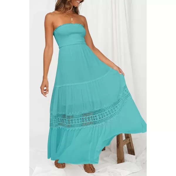 imageZESICA Womens 2024 Summer Bohemian Strapless Off Shoulder Lace Trim Backless Flowy A Line Beach Long Maxi DressAqua
