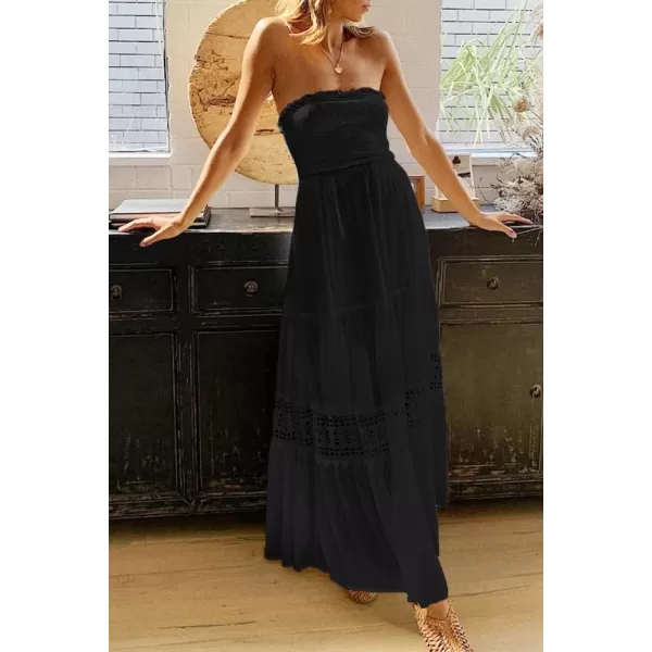 imageZESICA Womens 2024 Summer Bohemian Strapless Off Shoulder Lace Trim Backless Flowy A Line Beach Long Maxi DressBlack