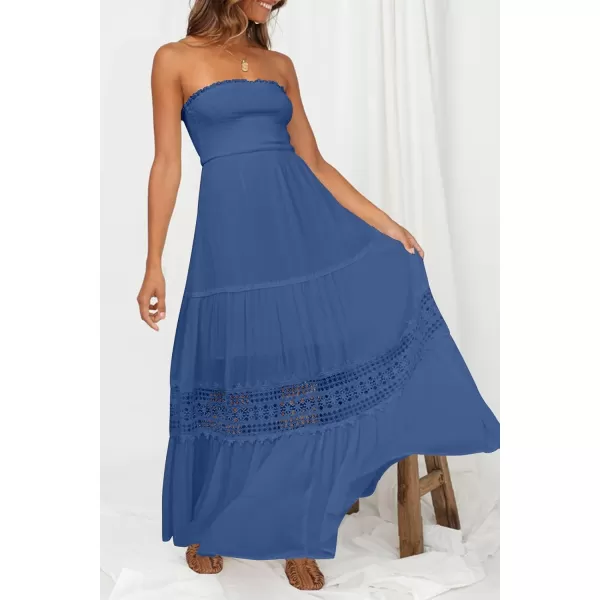 imageZESICA Womens 2024 Summer Bohemian Strapless Off Shoulder Lace Trim Backless Flowy A Line Beach Long Maxi DressBlue