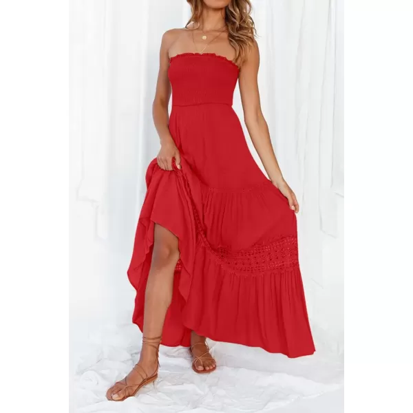 imageZESICA Womens 2024 Summer Bohemian Strapless Off Shoulder Lace Trim Backless Flowy A Line Beach Long Maxi DressFirered