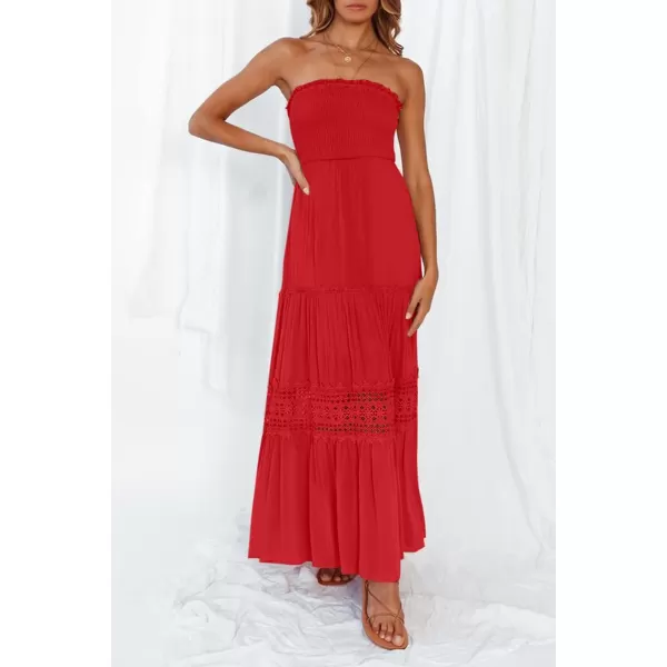 imageZESICA Womens 2024 Summer Bohemian Strapless Off Shoulder Lace Trim Backless Flowy A Line Beach Long Maxi DressFirered