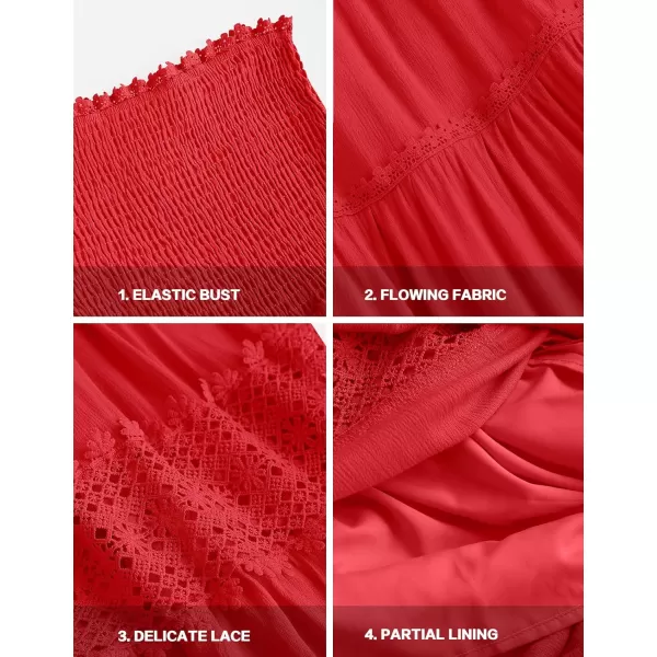 imageZESICA Womens 2024 Summer Bohemian Strapless Off Shoulder Lace Trim Backless Flowy A Line Beach Long Maxi DressFirered