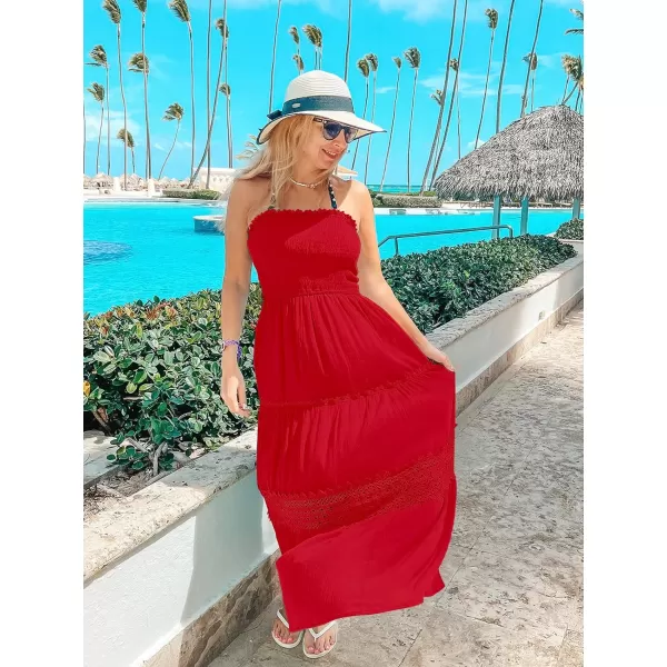 imageZESICA Womens 2024 Summer Bohemian Strapless Off Shoulder Lace Trim Backless Flowy A Line Beach Long Maxi DressFirered